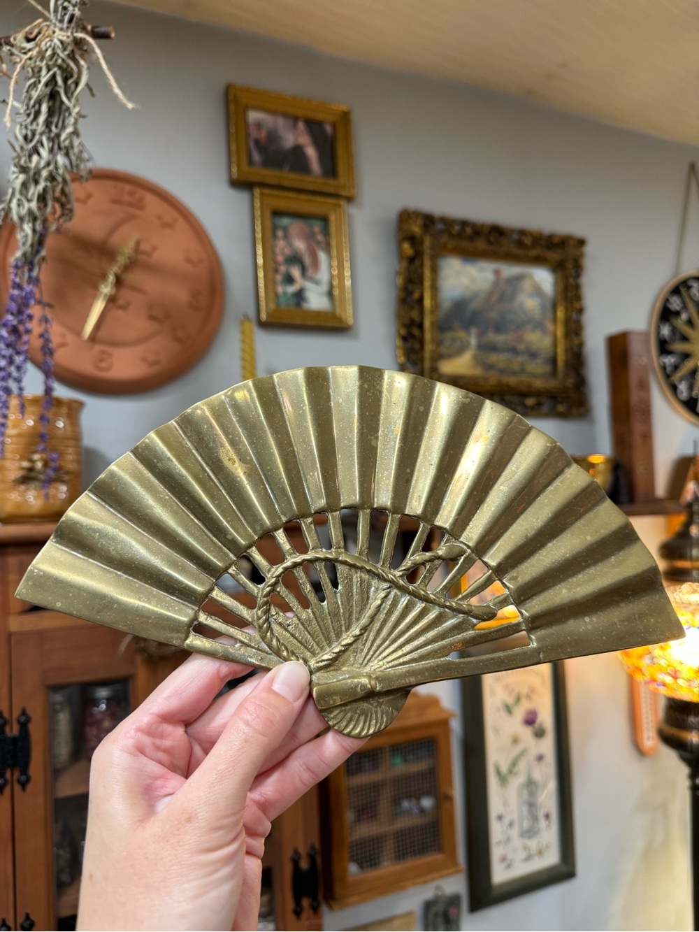 Vintage Solid Brass Hand Fan Wall Accent